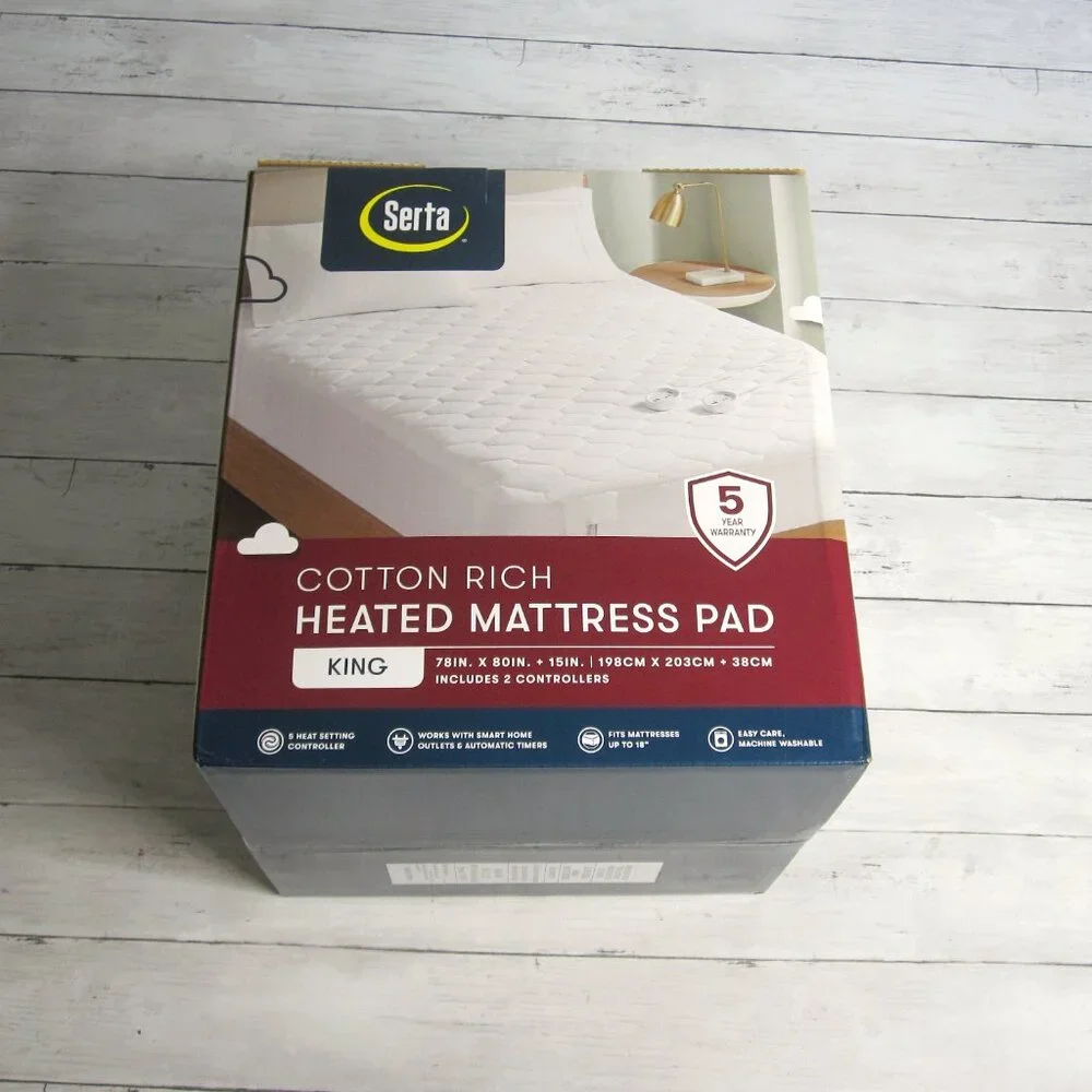 Serta Heated King Size White Quilted Mattress Pad Cotton Blend